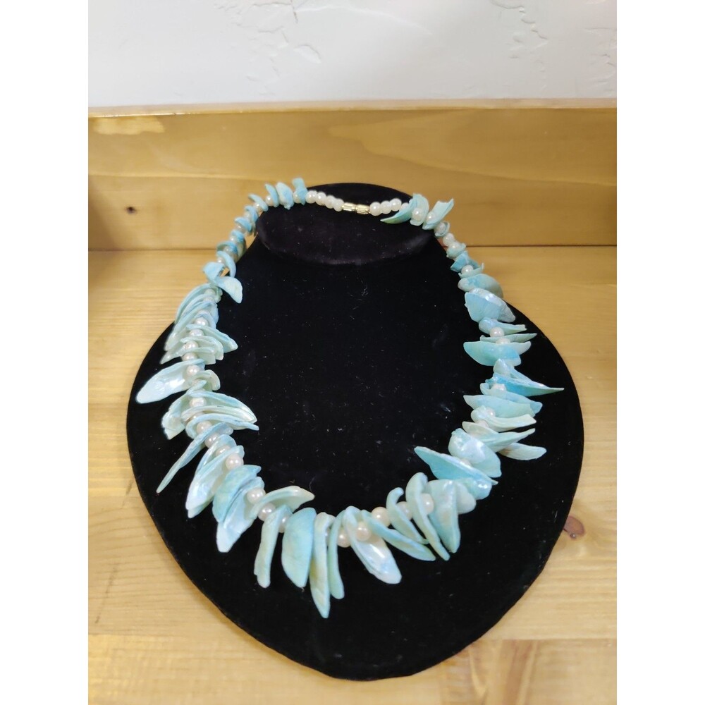 Vtg 80s Statement 18" Necklace Pale Turquoise Dyed Spike Shell Pearl Tribal Boho
